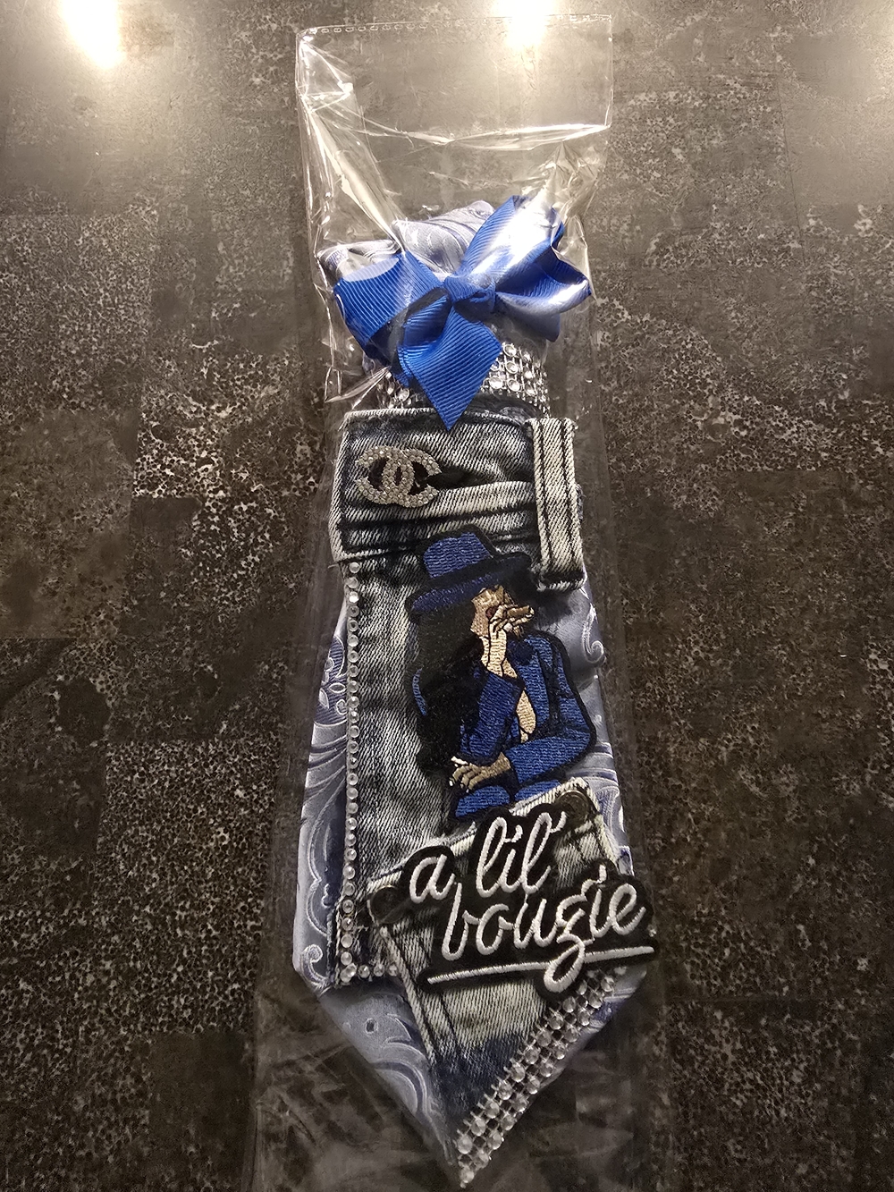 Blue Embroidered 'a lil bougie' Denim-Style Necktie ( Handcrafted)